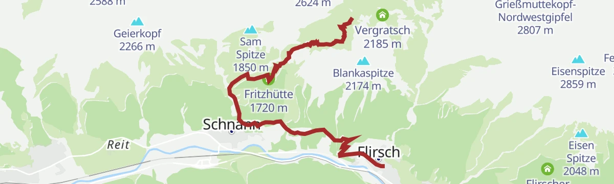 Route map: Flirsch - Schnanner Klamm - Fritzhütte - Ansbacher Hütte